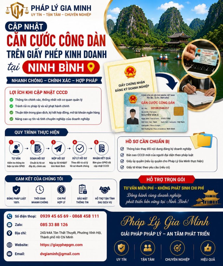 Cập nhật căn cước công dân trên giấy phép kinh doanh tại Ninh Bình