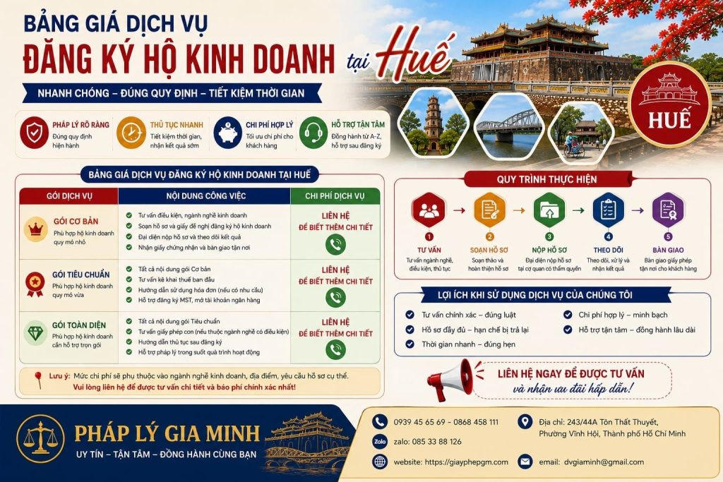 Bảng giá dịch vụ đăng ký hộ kinh doanh tại Huế