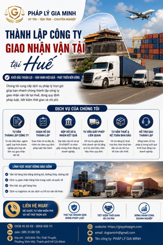 Thành lập công ty giao nhận vận tải tại Huế – Hướng dẫn hồ sơ và điều kiện hoạt động 1 Thành lập công ty giao nhận vận tải tại Huế
